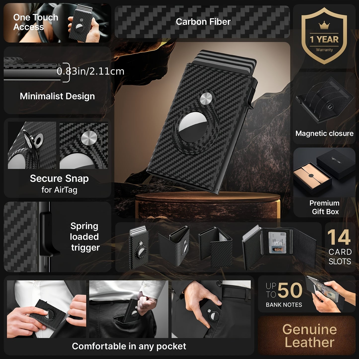 1pc Men's Slim Minimalist Wallet, RFID Blocking Aluminum Pop-Up Card Holder with ID Window, Simple Style Two-Layer Cowhide Leather, Rfid Protection | Carbon Fiber Texture | Compact Wallet, Small Wallet