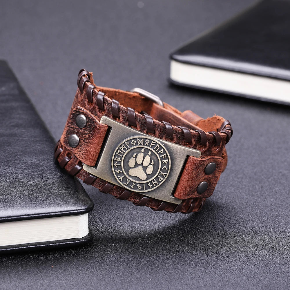 Skyrim Wolf Claws Braided Genuine Leather wide Bracelets for men Nordic Runes Wristbands Odin Symbol Bangles Gift
