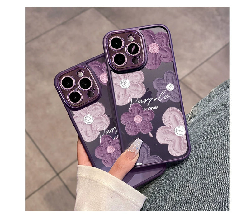 Comes with Lens Protector Purple for Apple 16pro Phone Case New Arrival Iphone15 Female Glitter 13 Transparent Silicone 14promax Fancy 12 All-Inclusive Drop-Resistant 11 Internet Celebrity Oil Painting Flowers