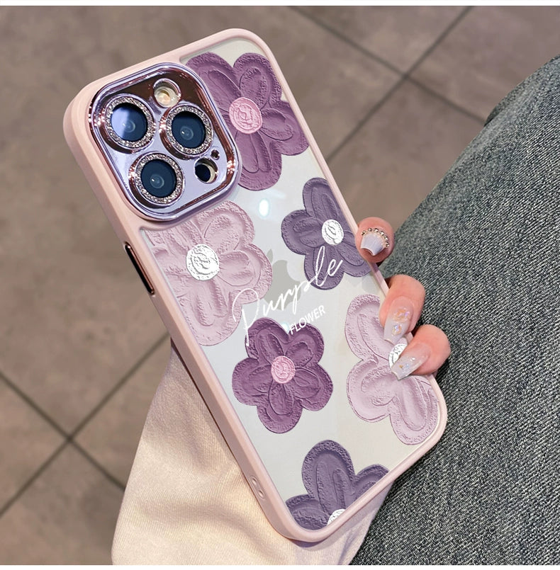Comes with Lens Protector Purple for Apple 16pro Phone Case New Arrival Iphone15 Female Glitter 13 Transparent Silicone 14promax Fancy 12 All-Inclusive Drop-Resistant 11 Internet Celebrity Oil Painting Flowers