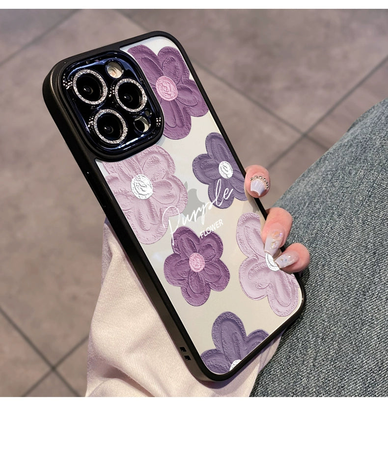 Comes with Lens Protector Purple for Apple 16pro Phone Case New Arrival Iphone15 Female Glitter 13 Transparent Silicone 14promax Fancy 12 All-Inclusive Drop-Resistant 11 Internet Celebrity Oil Painting Flowers