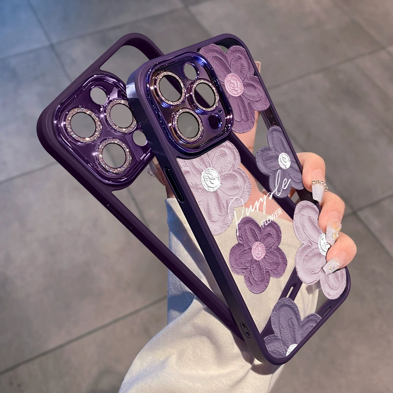 Comes with Lens Protector Purple for Apple 16pro Phone Case New Arrival Iphone15 Female Glitter 13 Transparent Silicone 14promax Fancy 12 All-Inclusive Drop-Resistant 11 Internet Celebrity Oil Painting Flowers