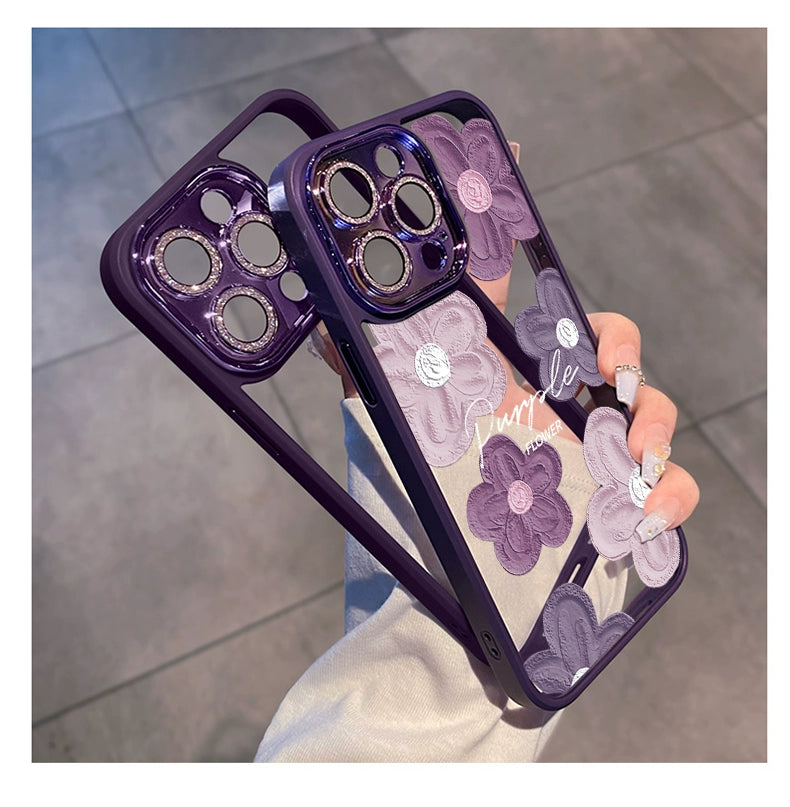 Comes with Lens Protector Purple for Apple 16pro Phone Case New Arrival Iphone15 Female Glitter 13 Transparent Silicone 14promax Fancy 12 All-Inclusive Drop-Resistant 11 Internet Celebrity Oil Painting Flowers
