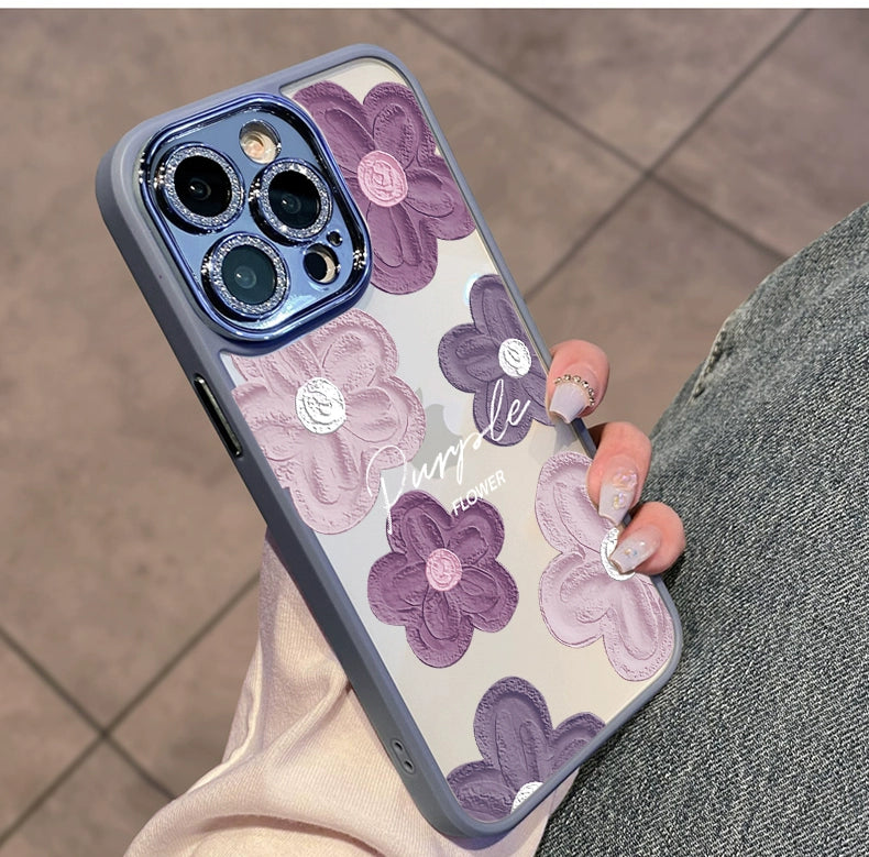 Comes with Lens Protector Purple for Apple 16pro Phone Case New Arrival Iphone15 Female Glitter 13 Transparent Silicone 14promax Fancy 12 All-Inclusive Drop-Resistant 11 Internet Celebrity Oil Painting Flowers