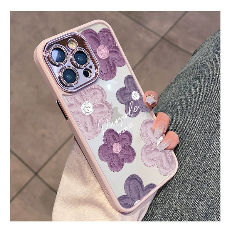 Comes with Lens Protector Purple for Apple 16pro Phone Case New Arrival Iphone15 Female Glitter 13 Transparent Silicone 14promax Fancy 12 All-Inclusive Drop-Resistant 11 Internet Celebrity Oil Painting Flowers