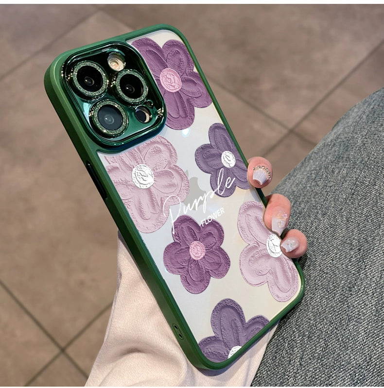 Comes with Lens Protector Purple for Apple 16pro Phone Case New Arrival Iphone15 Female Glitter 13 Transparent Silicone 14promax Fancy 12 All-Inclusive Drop-Resistant 11 Internet Celebrity Oil Painting Flowers