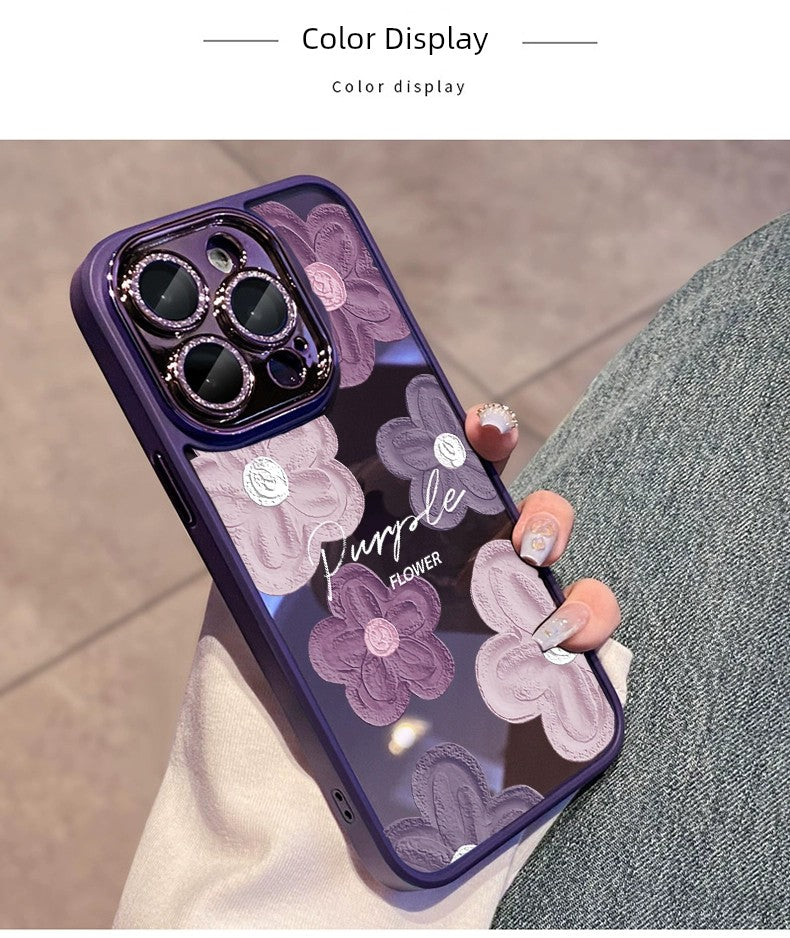 Comes with Lens Protector Purple for Apple 16pro Phone Case New Arrival Iphone15 Female Glitter 13 Transparent Silicone 14promax Fancy 12 All-Inclusive Drop-Resistant 11 Internet Celebrity Oil Painting Flowers