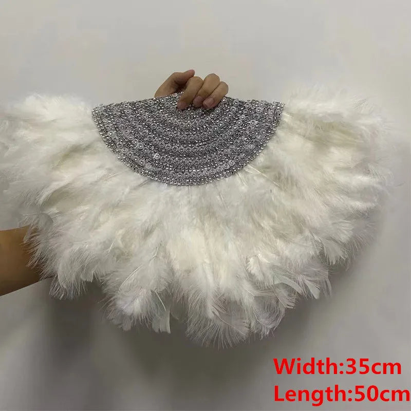 African White Feather Handfan with Stones, Wedding Feather Fan for Bride, Big Size, High Quality