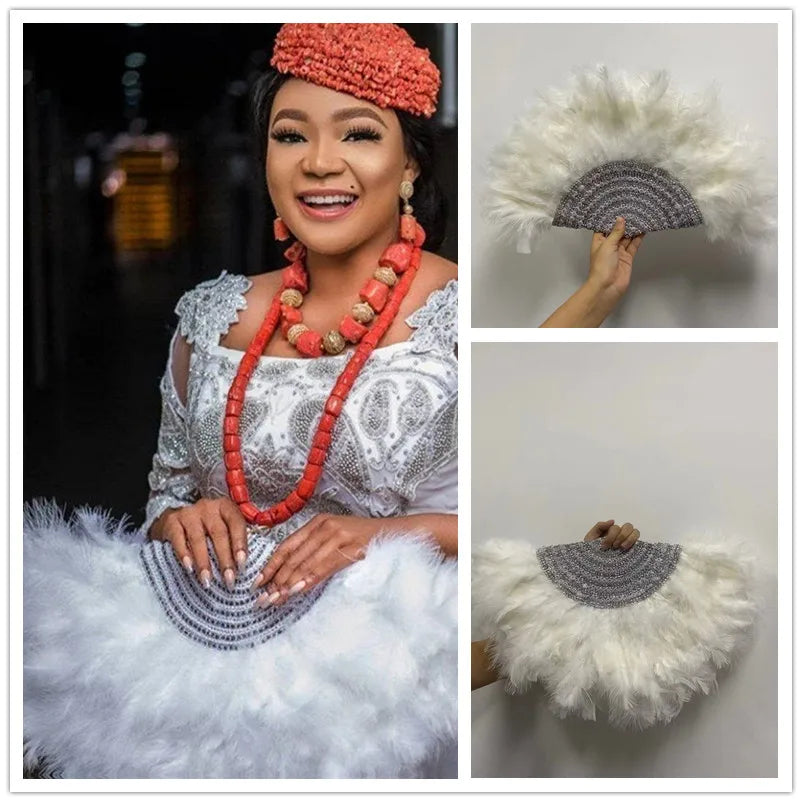 African White Feather Handfan with Stones, Wedding Feather Fan for Bride, Big Size, High Quality