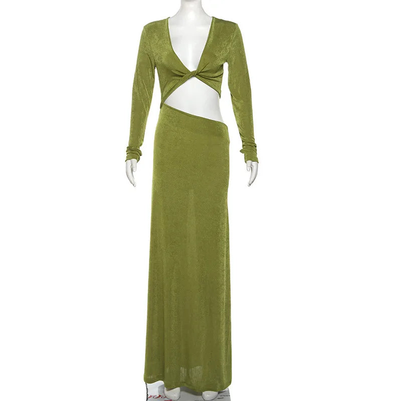 Sexy Dress Women Vintage Fashion Streetwear Dresses Solid Slim Long Sleeve Hollow Out V Neck Midi New Autumn Winter Dresses