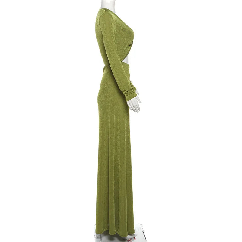 Sexy Dress Women Vintage Fashion Streetwear Dresses Solid Slim Long Sleeve Hollow Out V Neck Midi New Autumn Winter Dresses