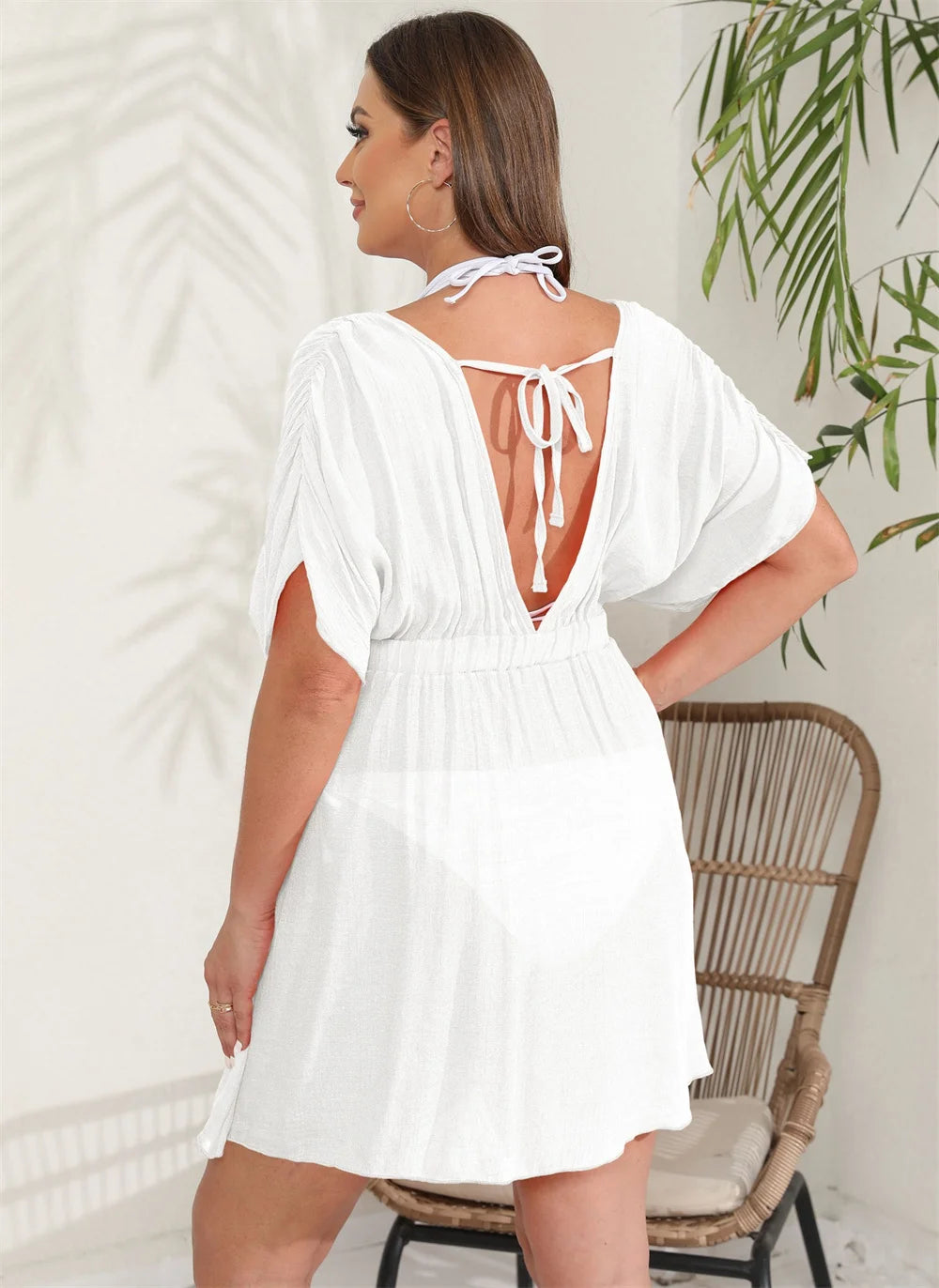 GIBSIE Plus Size Deep V Neck Tie Backless Beach Dress Women Swimsuit Cover-Ups Beachwear Sexy See Through Tunic Bikini Cover Up