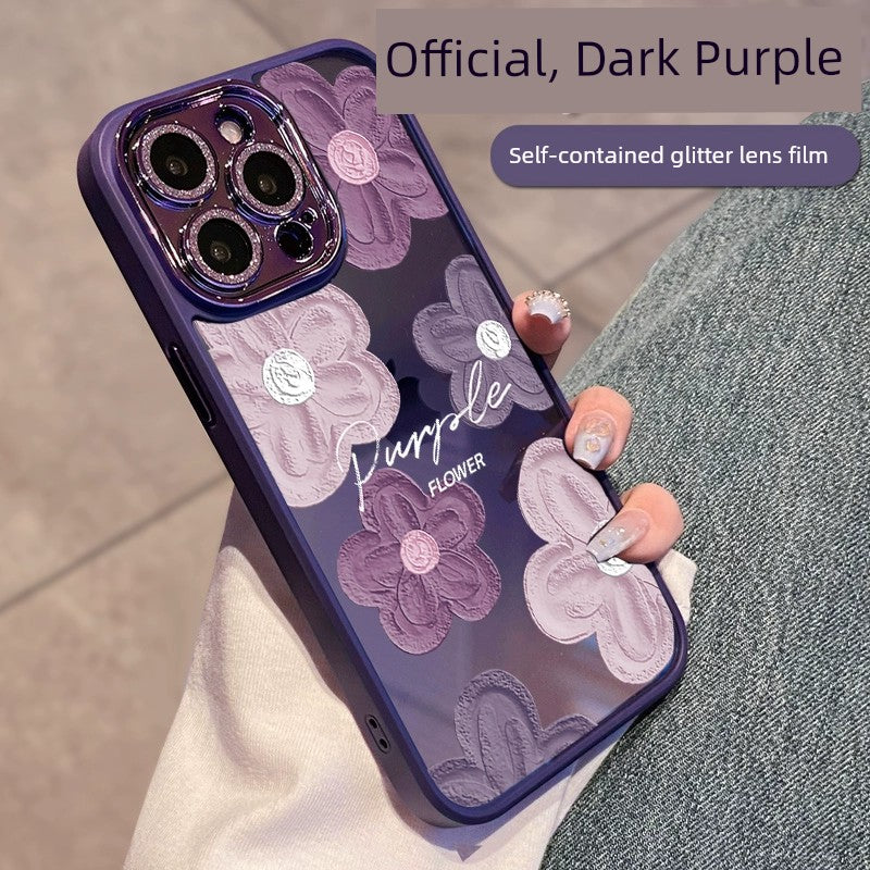 Comes with Lens Protector Purple for Apple 16pro Phone Case New Arrival Iphone15 Female Glitter 13 Transparent Silicone 14promax Fancy 12 All-Inclusive Drop-Resistant 11 Internet Celebrity Oil Painting Flowers