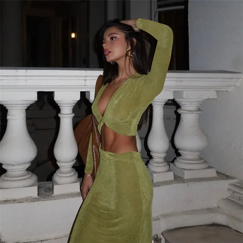 Sexy Dress Women Vintage Fashion Streetwear Dresses Solid Slim Long Sleeve Hollow Out V Neck Midi New Autumn Winter Dresses