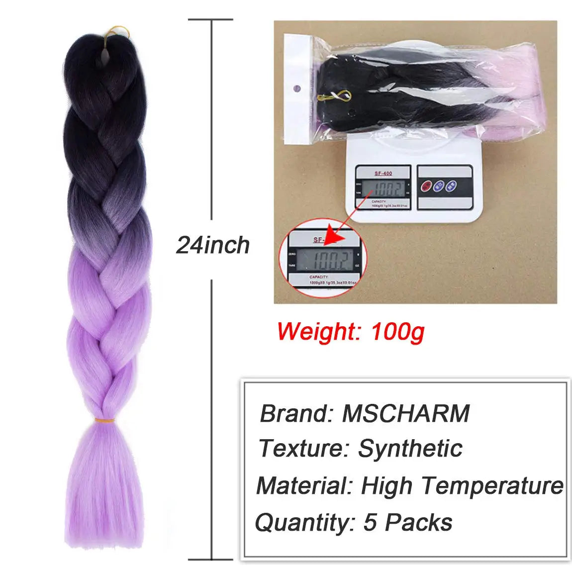5pcs Synthetic Braiding Hair 24 Inch Jumbo Braid Ombre Jumbo Hair Extension for Women DIY Hair Braids Purple Pink Yellow Red