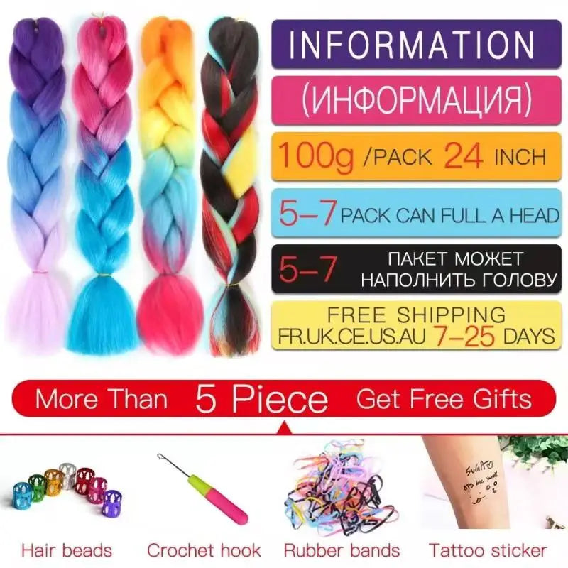 5pcs Synthetic Braiding Hair 24 Inch Jumbo Braid Ombre Jumbo Hair Extension for Women DIY Hair Braids Purple Pink Yellow Red