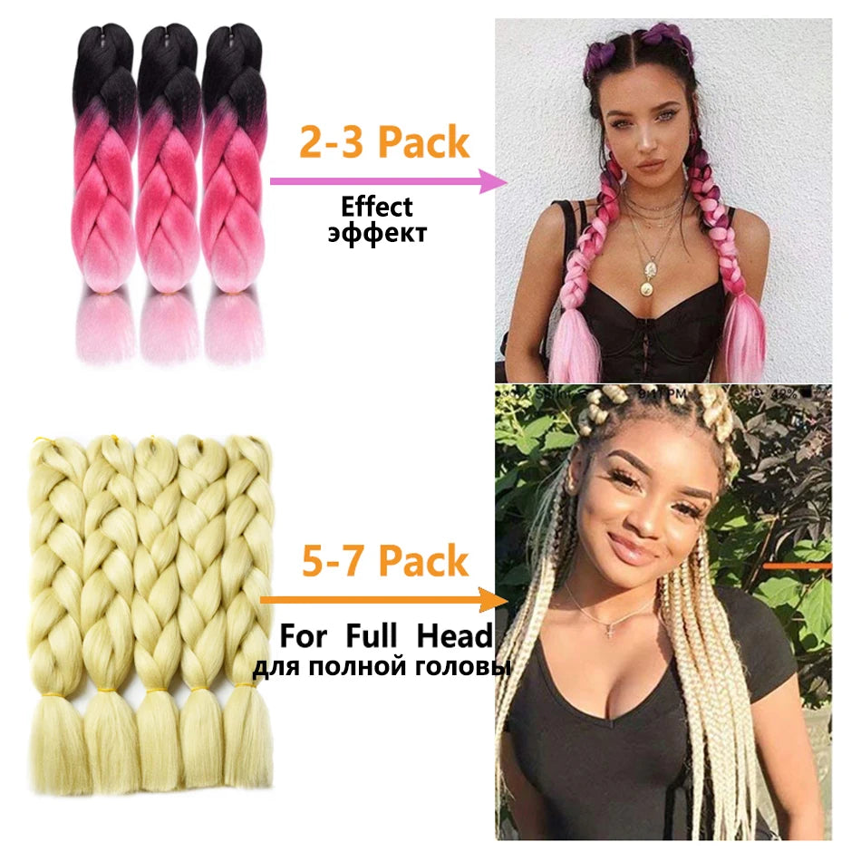 5pcs Synthetic Braiding Hair 24 Inch Jumbo Braid Ombre Jumbo Hair Extension for Women DIY Hair Braids Purple Pink Yellow Red
