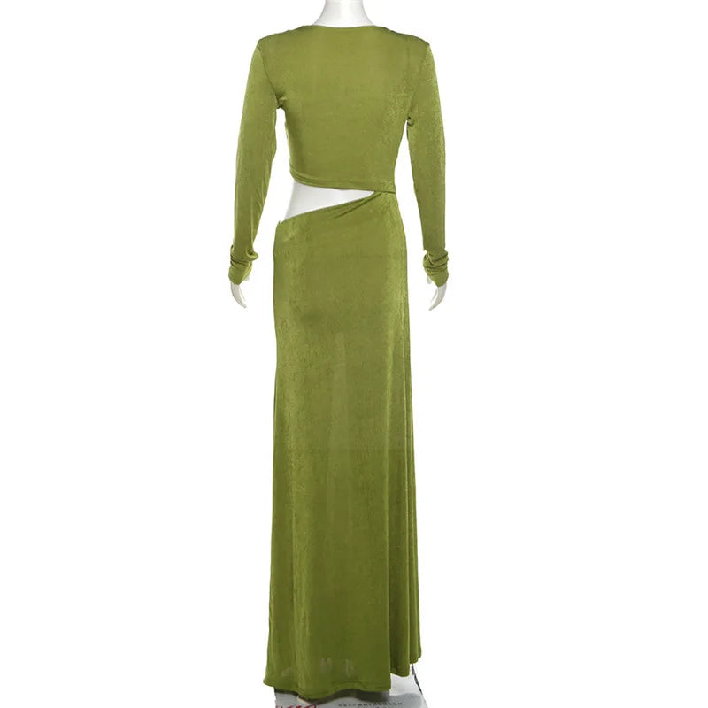 Sexy Dress Women Vintage Fashion Streetwear Dresses Solid Slim Long Sleeve Hollow Out V Neck Midi New Autumn Winter Dresses