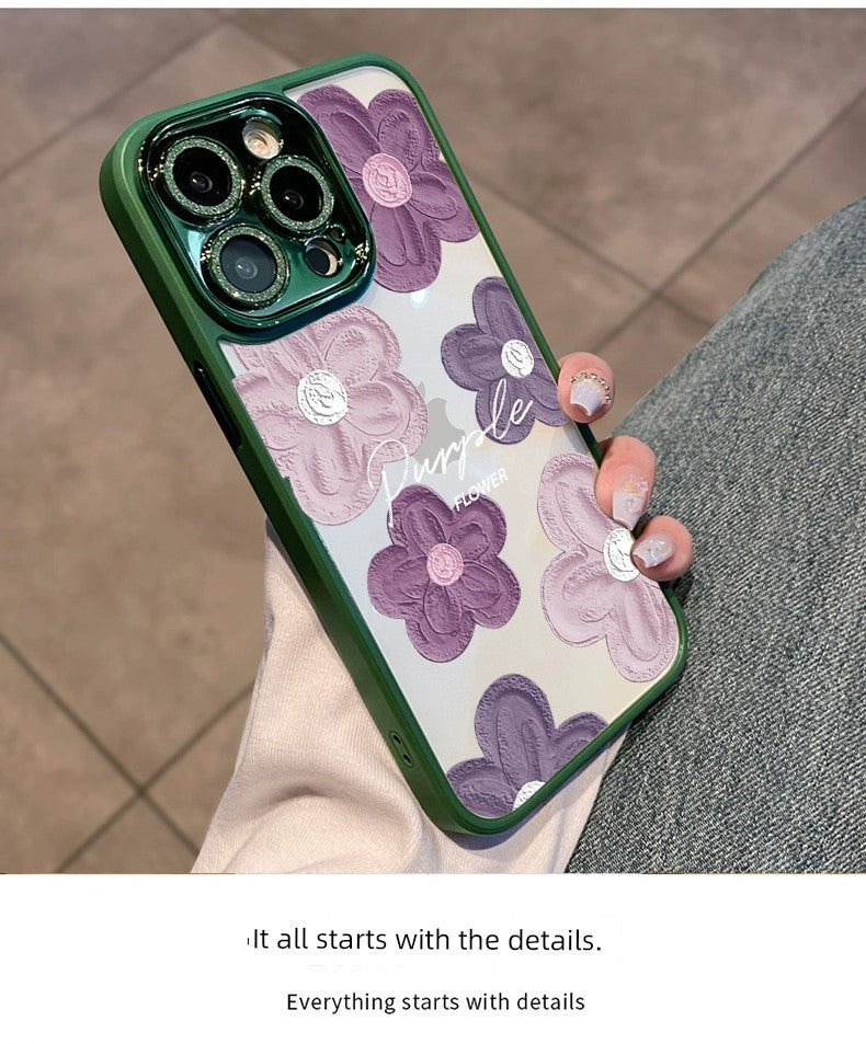 Comes with Lens Protector Purple for Apple 16pro Phone Case New Arrival Iphone15 Female Glitter 13 Transparent Silicone 14promax Fancy 12 All-Inclusive Drop-Resistant 11 Internet Celebrity Oil Painting Flowers