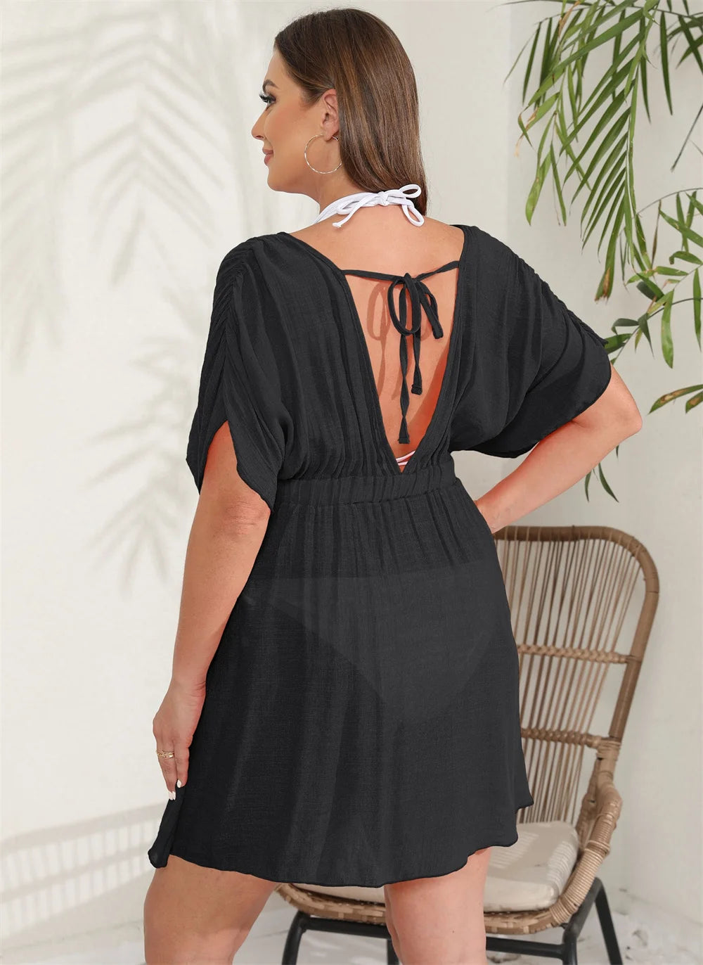 GIBSIE Plus Size Deep V Neck Tie Backless Beach Dress Women Swimsuit Cover-Ups Beachwear Sexy See Through Tunic Bikini Cover Up