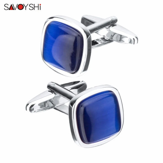 SAVOYSHI Blue Opal Stone Cufflinks for Mens Shirt Cuffs High Quality Square Cuff links Wedding Grooms Gift Free DIY Jewelry