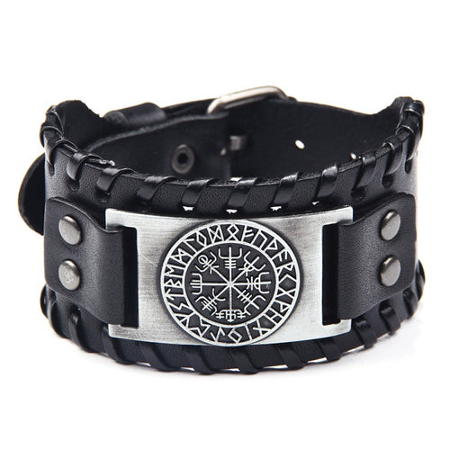 European and American Compass Men's Wide Leather Trendy Cool Hip-Hop Bracelet