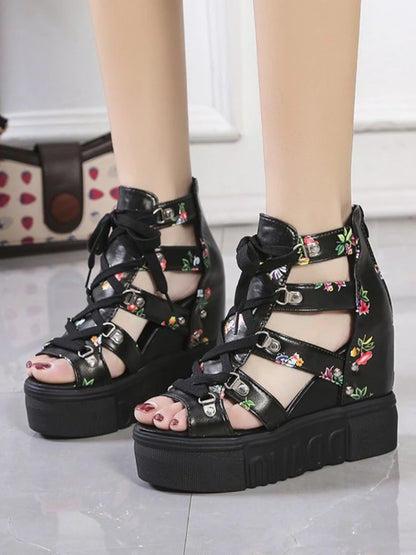 Hot Print Leisure Wedges Women's Shoes 2023 Summer Shoes Women Sandals Platform Shoelaces High Heels Casual Shoes Woman