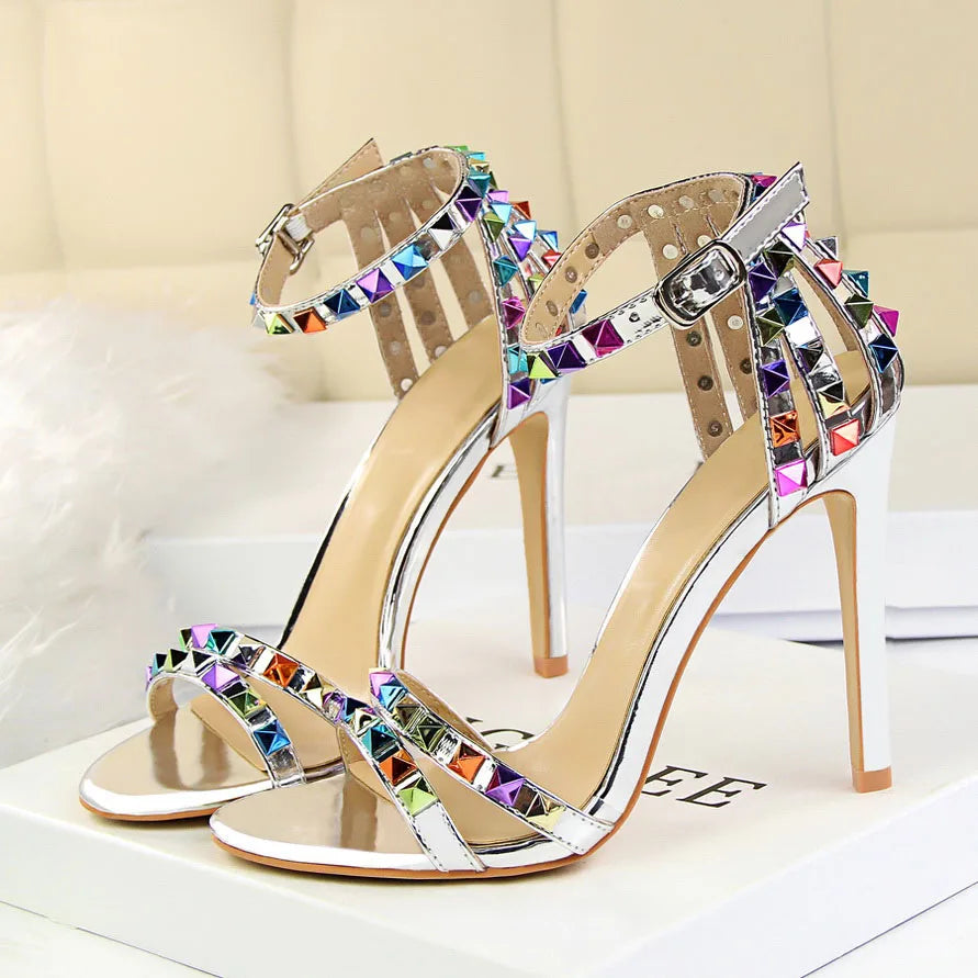 Summer Women 11cm High Heels Rivets Studded Sandals Lady Sandles Stiletto Gladiator Pumps Stripper Fetish Open Toe Luxury Shoes