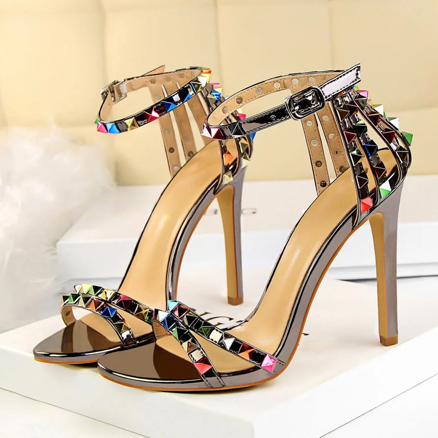 Summer Women 11cm High Heels Rivets Studded Sandals Lady Sandles Stiletto Gladiator Pumps Stripper Fetish Open Toe Luxury Shoes