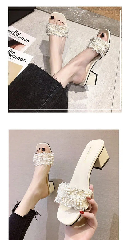 Comemore 2023 Sandals Slippers for Women's Summer Thick-heeled Slides High Heels Flip-flops Women Korean Pearl Open-toe Slipper