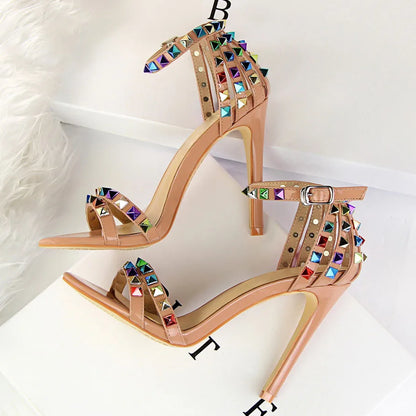 Summer Women 11cm High Heels Rivets Studded Sandals Lady Sandles Stiletto Gladiator Pumps Stripper Fetish Open Toe Luxury Shoes