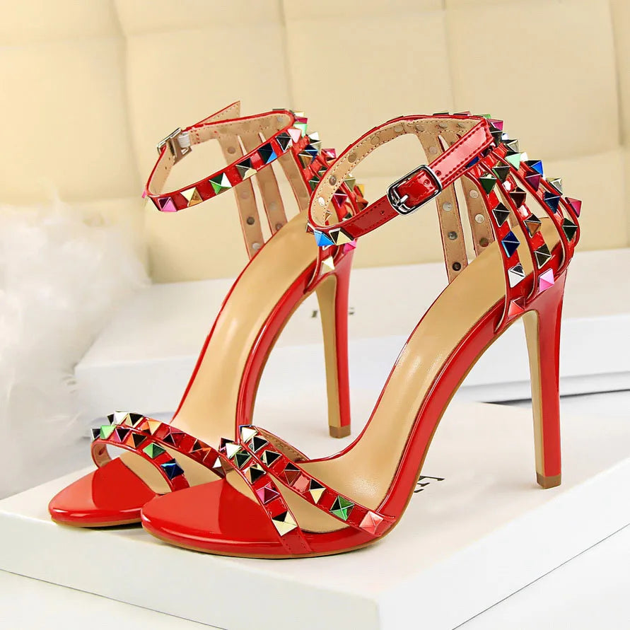 Summer Women 11cm High Heels Rivets Studded Sandals Lady Sandles Stiletto Gladiator Pumps Stripper Fetish Open Toe Luxury Shoes