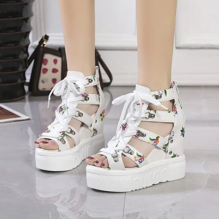 Hot Print Leisure Wedges Women's Shoes 2023 Summer Shoes Women Sandals Platform Shoelaces High Heels Casual Shoes Woman