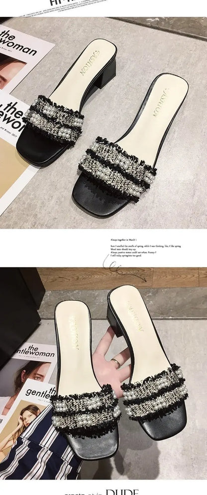 Comemore 2023 Sandals Slippers for Women's Summer Thick-heeled Slides High Heels Flip-flops Women Korean Pearl Open-toe Slipper