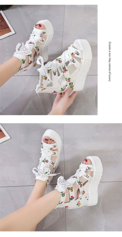 Hot Print Leisure Wedges Women's Shoes 2023 Summer Shoes Women Sandals Platform Shoelaces High Heels Casual Shoes Woman