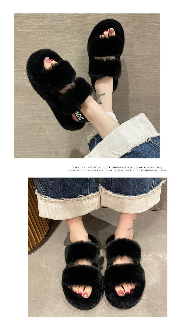 Fur Heels Women Comfy Platform Sandal Shoes Increasing Height Med Clogs Girls Velvet 2022 Medium Clear Outside Cotton Fabric Sho