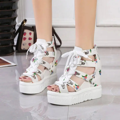 Hot Print Leisure Wedges Women's Shoes 2023 Summer Shoes Women Sandals Platform Shoelaces High Heels Casual Shoes Woman