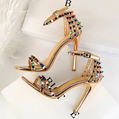 Summer Women 11cm High Heels Rivets Studded Sandals Lady Sandles Stiletto Gladiator Pumps Stripper Fetish Open Toe Luxury Shoes