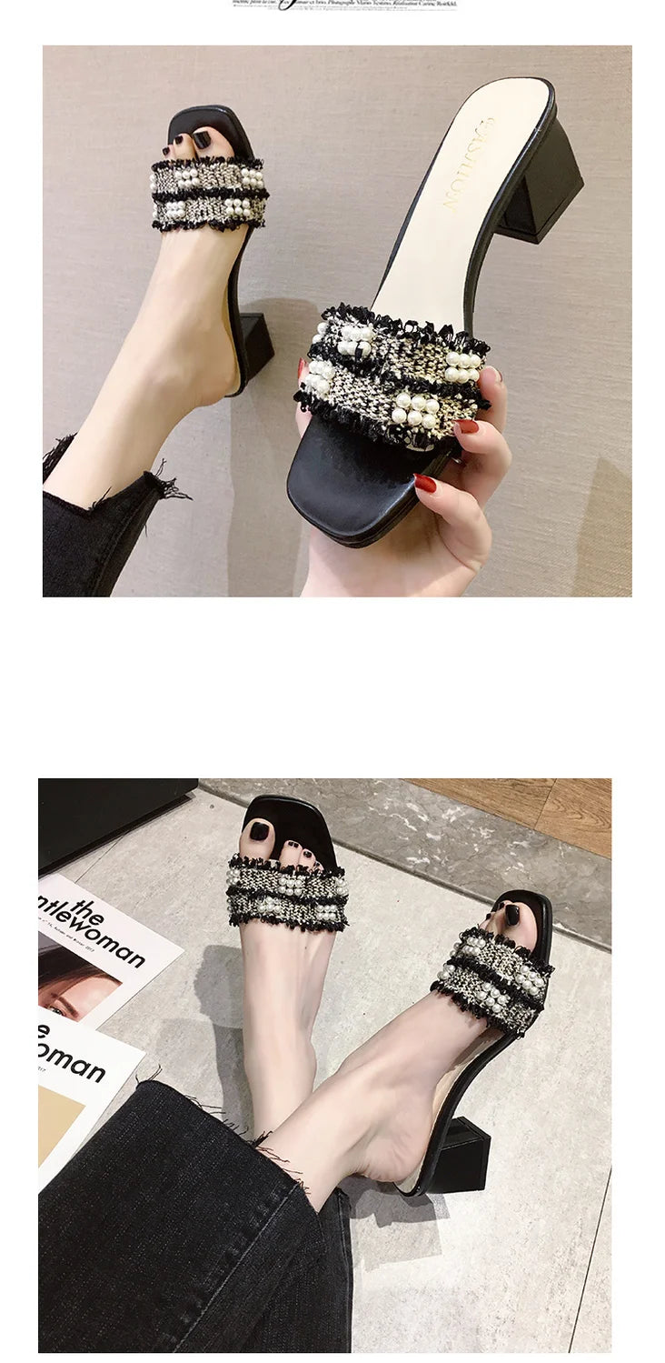 Comemore 2023 Sandals Slippers for Women's Summer Thick-heeled Slides High Heels Flip-flops Women Korean Pearl Open-toe Slipper