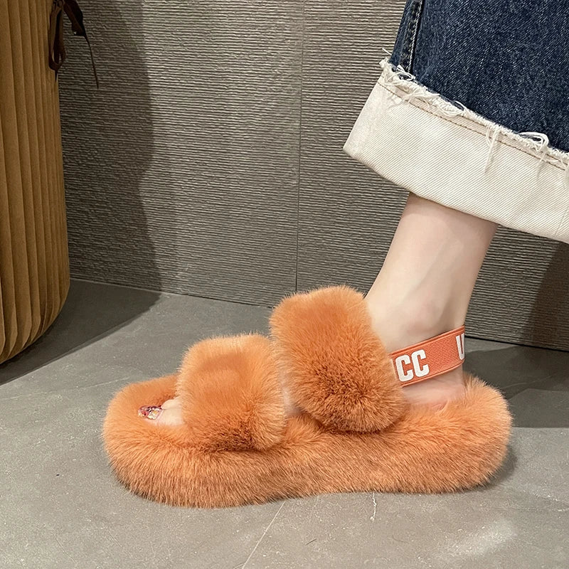 Fur Heels Women Comfy Platform Sandal Shoes Increasing Height Med Clogs Girls Velvet 2022 Medium Clear Outside Cotton Fabric Sho