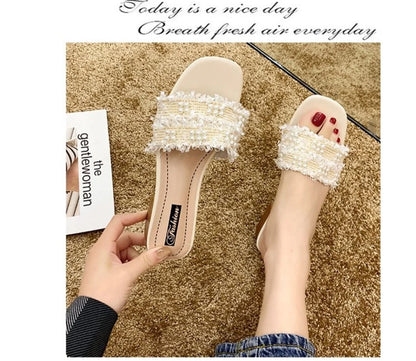 Comemore 2023 Sandals Slippers for Women's Summer Thick-heeled Slides High Heels Flip-flops Women Korean Pearl Open-toe Slipper