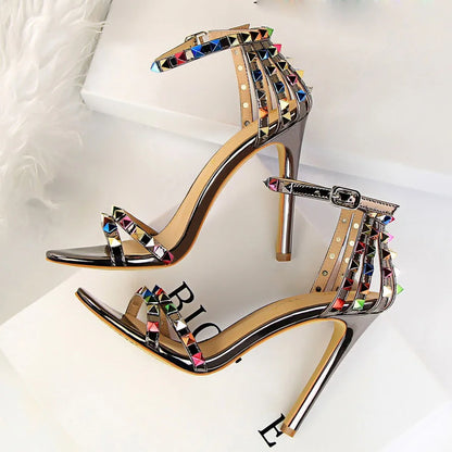 Summer Women 11cm High Heels Rivets Studded Sandals Lady Sandles Stiletto Gladiator Pumps Stripper Fetish Open Toe Luxury Shoes