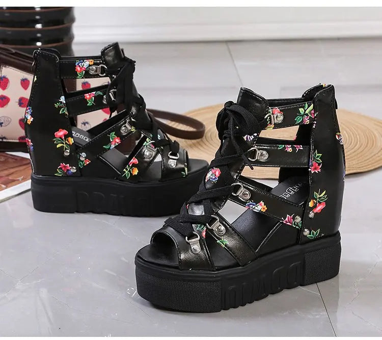 Hot Print Leisure Wedges Women's Shoes 2023 Summer Shoes Women Sandals Platform Shoelaces High Heels Casual Shoes Woman