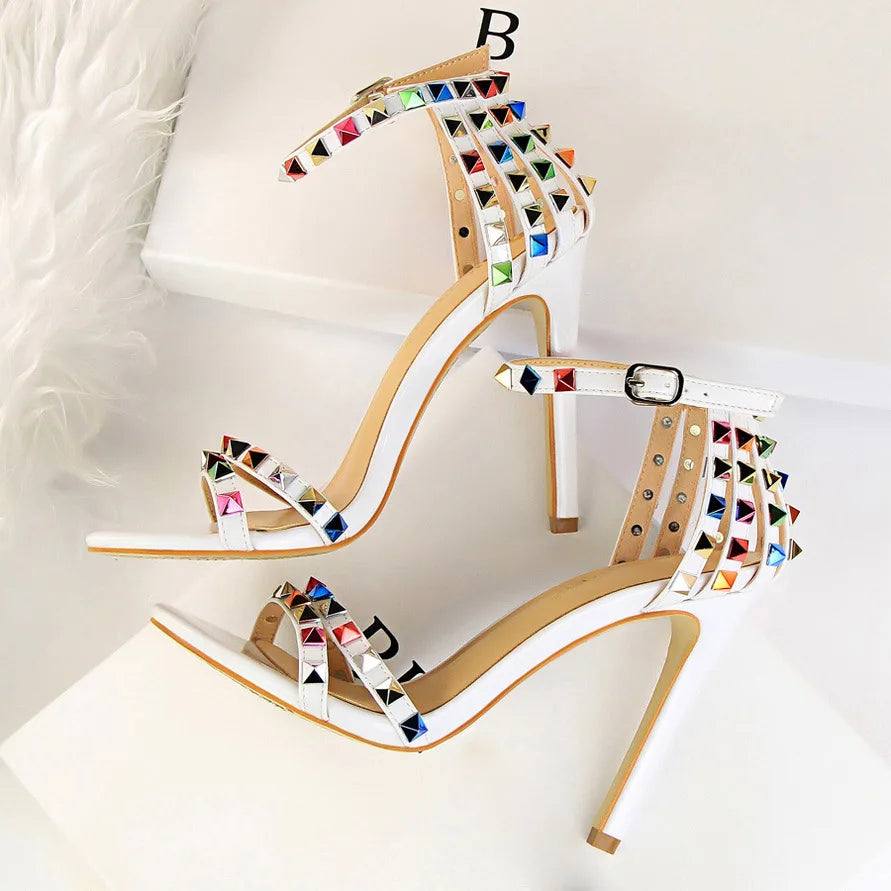 Summer Women 11cm High Heels Rivets Studded Sandals Lady Sandles Stiletto Gladiator Pumps Stripper Fetish Open Toe Luxury Shoes