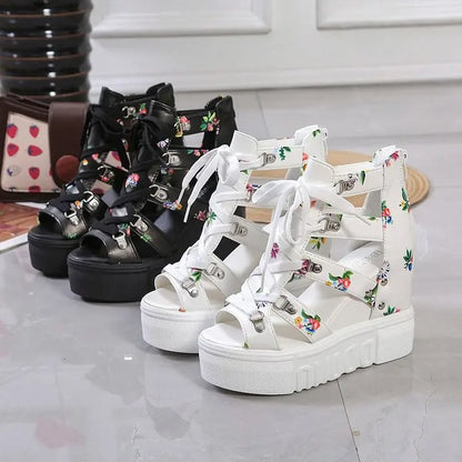 Hot Print Leisure Wedges Women's Shoes 2023 Summer Shoes Women Sandals Platform Shoelaces High Heels Casual Shoes Woman