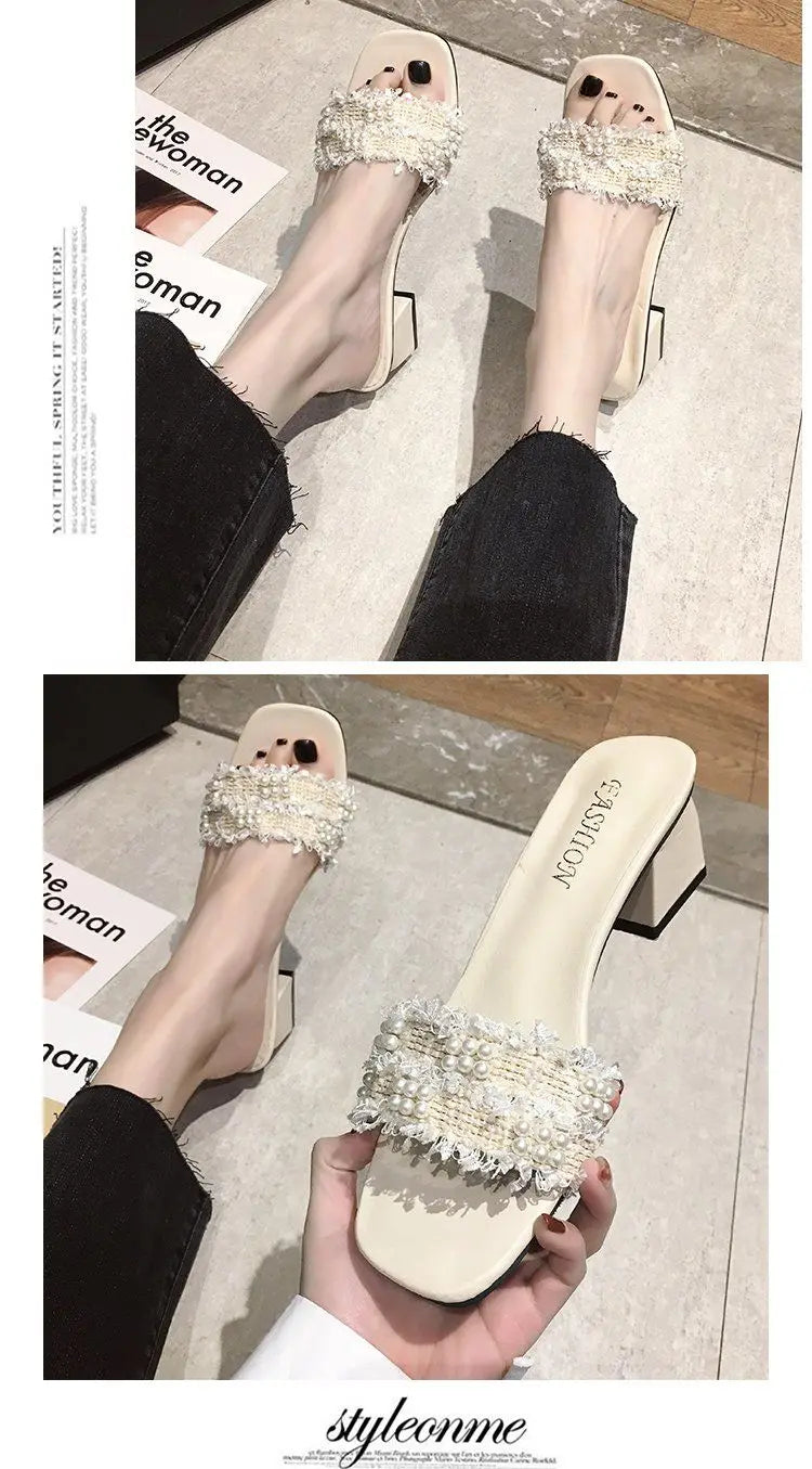 Comemore 2023 Sandals Slippers for Women's Summer Thick-heeled Slides High Heels Flip-flops Women Korean Pearl Open-toe Slipper