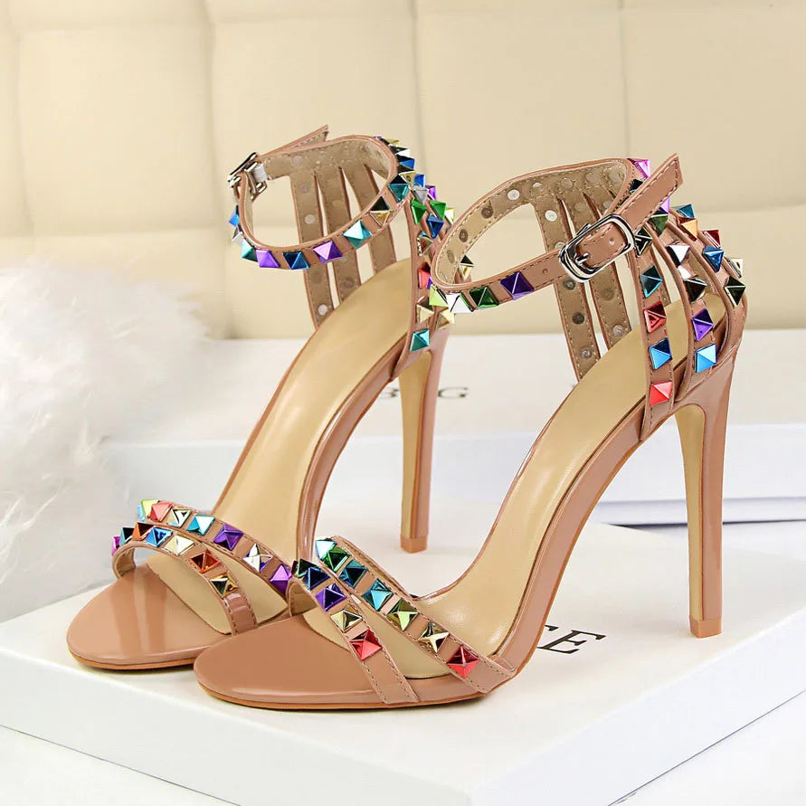 Summer Women 11cm High Heels Rivets Studded Sandals Lady Sandles Stiletto Gladiator Pumps Stripper Fetish Open Toe Luxury Shoes