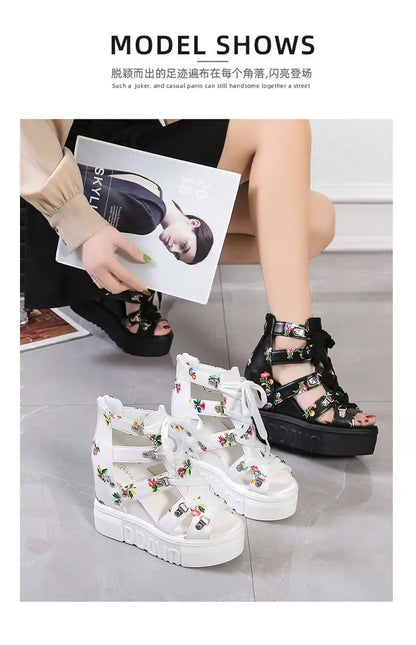 Hot Print Leisure Wedges Women's Shoes 2023 Summer Shoes Women Sandals Platform Shoelaces High Heels Casual Shoes Woman