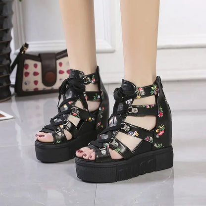 Hot Print Leisure Wedges Women's Shoes 2023 Summer Shoes Women Sandals Platform Shoelaces High Heels Casual Shoes Woman