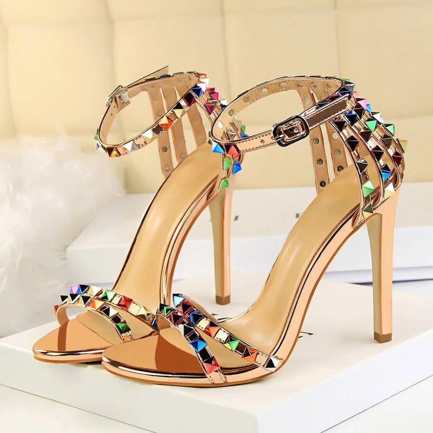 Summer Women 11cm High Heels Rivets Studded Sandals Lady Sandles Stiletto Gladiator Pumps Stripper Fetish Open Toe Luxury Shoes